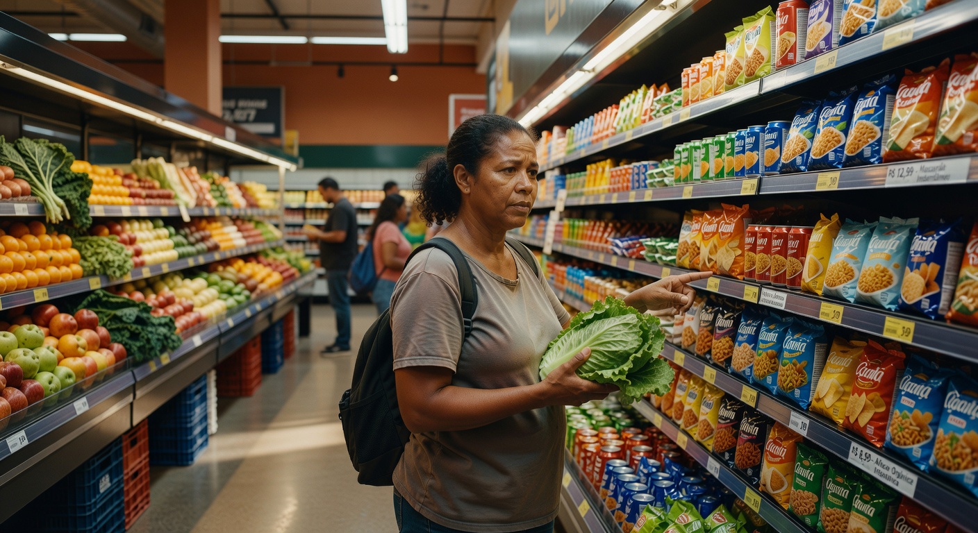 Mulher segura alface verde em corredor de supermercado com produtos industrializados nas prateleiras, consumo alimentar