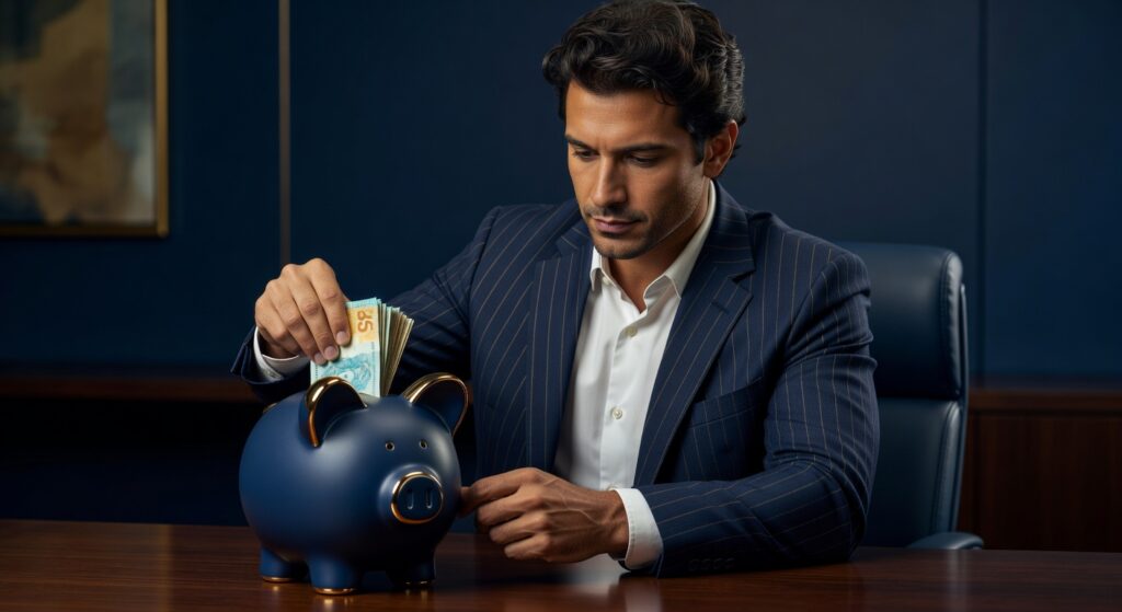 Pessoa depositando dinheiro em cofre representando investimento em poupança
