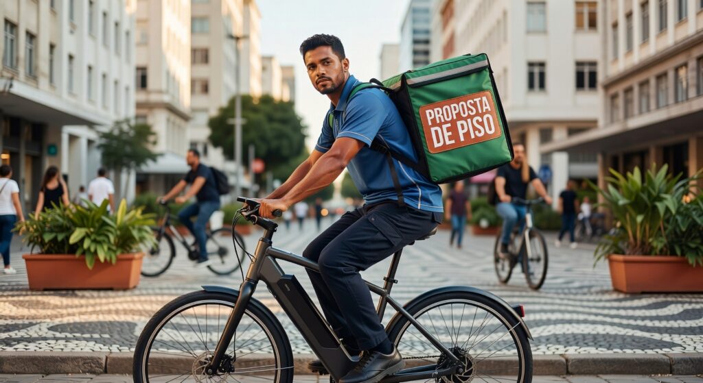 Entregador de aplicativo trabalhando, representando debate sobre piso salarial de R$ 10 proposto pelo governo brasileiro