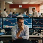 Trader concentrado observa múltiplos monitores com gráficos financeiros em queda no pregão da bolsa de valores