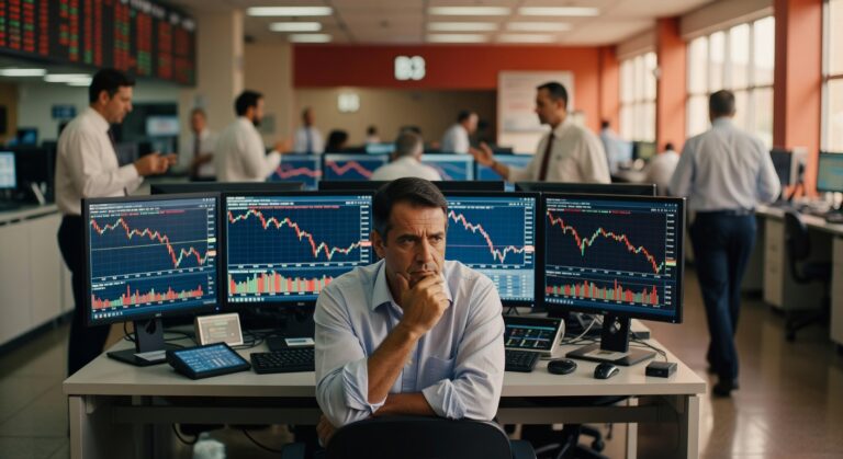 Trader concentrado observa múltiplos monitores com gráficos financeiros em queda no pregão da bolsa de valores