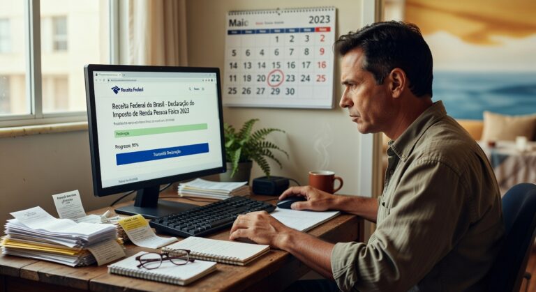 Homem concentrado preenchendo declaração do Imposto de Renda 2023 no computador, com calendário maio 2023 ao fundo