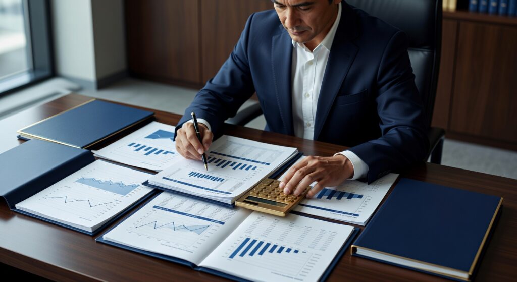 Pessoa calculando investimentos em renda fixa com documentos financeiros e calculadora sobre mesa