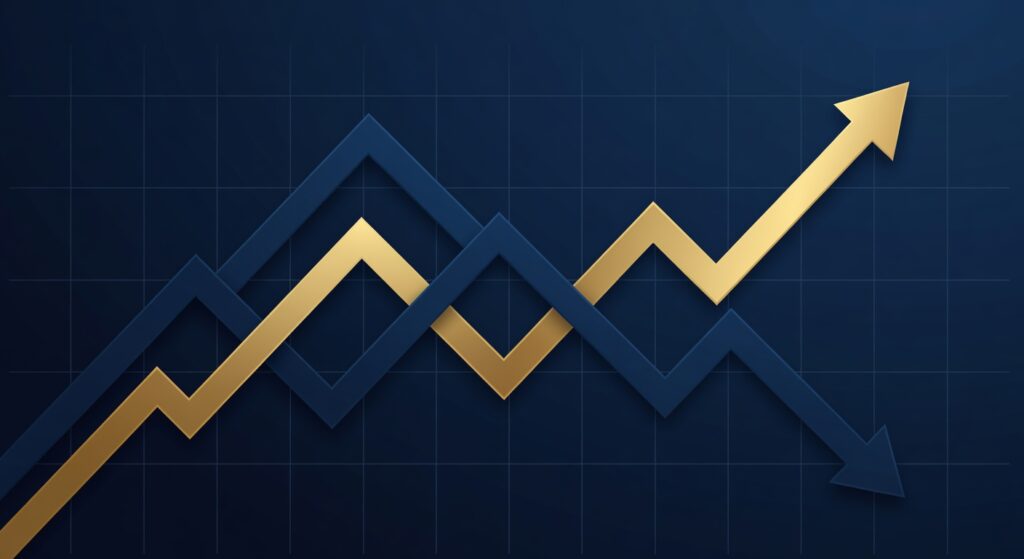 Gráfico com setas para cima e para baixo representando a variação de investimentos em renda variável