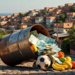 Tambor metálico derramando cédulas de real, bola de futebol e frutas em comunidade urbana - royalties petróleo