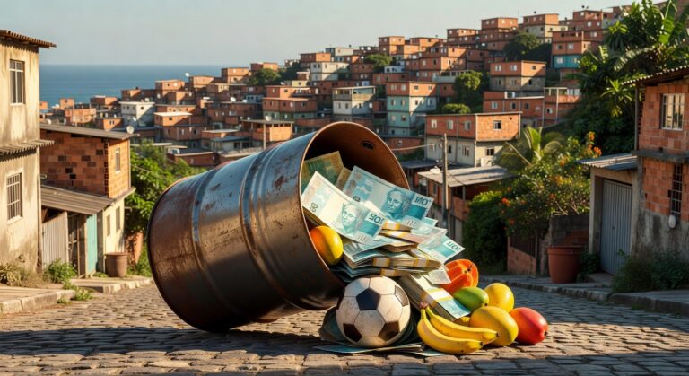 Tambor metálico derramando cédulas de real, bola de futebol e frutas em comunidade urbana - royalties petróleo