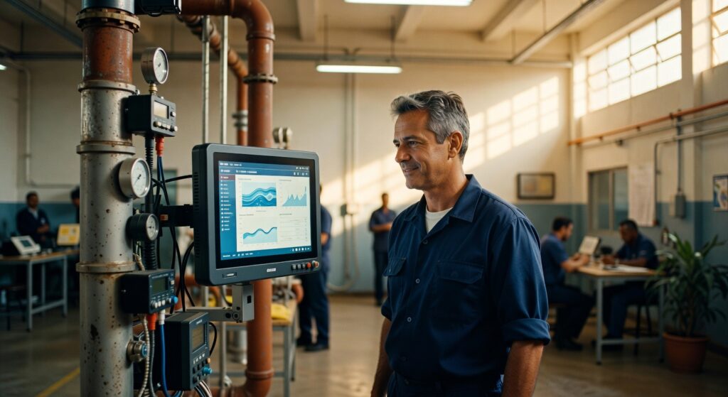 Trabalhador de uniforme azul observa gráficos e dados em monitor industrial, representando digitalização da indústria