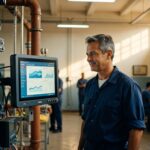 Trabalhador de uniforme azul observa gráficos e dados em monitor industrial, representando digitalização da indústria