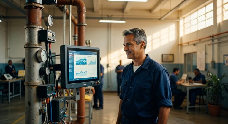 Trabalhador de uniforme azul observa gráficos e dados em monitor industrial, representando digitalização da indústria