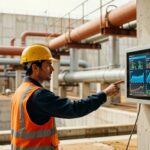 Engenheiro de capacete amarelo e colete laranja opera sistema de monitoramento digital em planta industrial infraestrutura