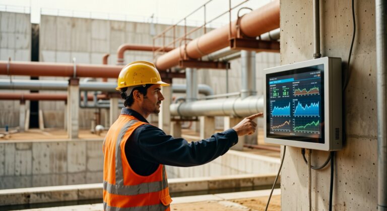 Engenheiro de capacete amarelo e colete laranja opera sistema de monitoramento digital em planta industrial infraestrutura