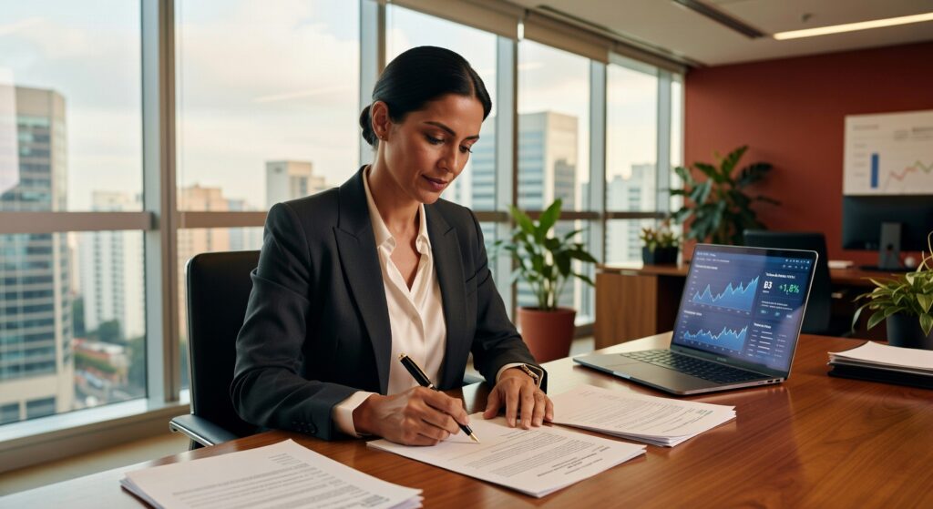 Executiva de terno analisando documentos e gráficos de investimentos em laptop, mercado financeiro debêntures