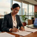 Executiva de terno analisando documentos e gráficos de investimentos em laptop, mercado financeiro debêntures