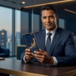 Pessoa consultando score de crédito no celular com gráfico mostrando pontuação em ascensão