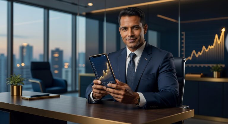 Pessoa consultando score de crédito no celular com gráfico mostrando pontuação em ascensão