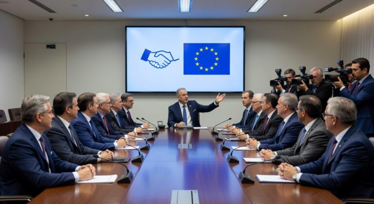 Sala de reunião executiva com homens de terno ao redor de mesa, tela exibindo bandeira UE e aperto de mãos, acordo comercial