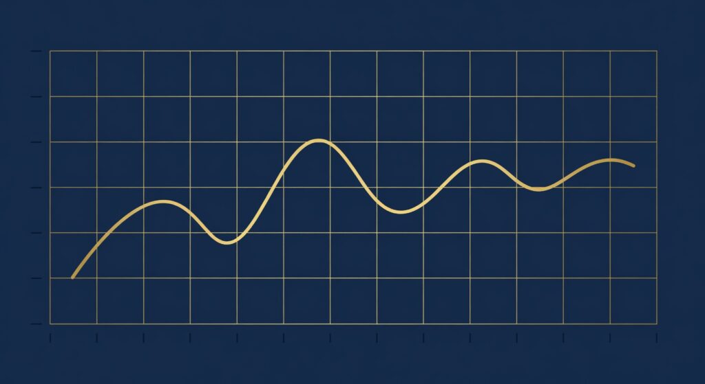 Gráfico mostrando a variação da taxa Selic ao longo do tempo com elementos visuais em azul marinho e dourado