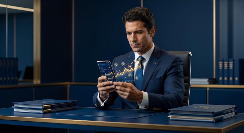 Pessoa usando celular para investir no Tesouro Direto com gráficos de rendimento em tons azul marinho e dourado