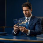 Pessoa usando celular para investir no Tesouro Direto com gráficos de rendimento em tons azul marinho e dourado