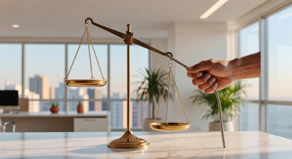 Balança da justiça dourada sobre mesa com mão segurando corda, simbolizando equilíbrio no mercado financeiro