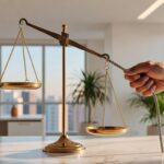 Balança da justiça dourada sobre mesa com mão segurando corda, simbolizando equilíbrio no mercado financeiro