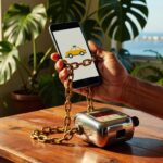 Smartphone exibindo ícone de táxi amarelo conectado por corrente a cadeado sobre mesa, representando regulamentação Uber