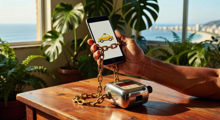Smartphone exibindo ícone de táxi amarelo conectado por corrente a cadeado sobre mesa, representando regulamentação Uber