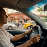 Motorista dirigindo veículo com smartphone no suporte, mostrando tecnologia de transporte urbano e aplicativos de mobilidade