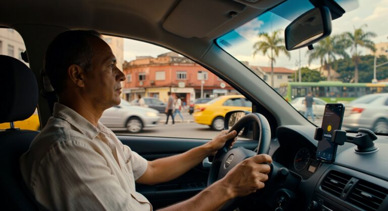 Motorista dirigindo veículo com smartphone no suporte, mostrando tecnologia de transporte urbano e aplicativos de mobilidade