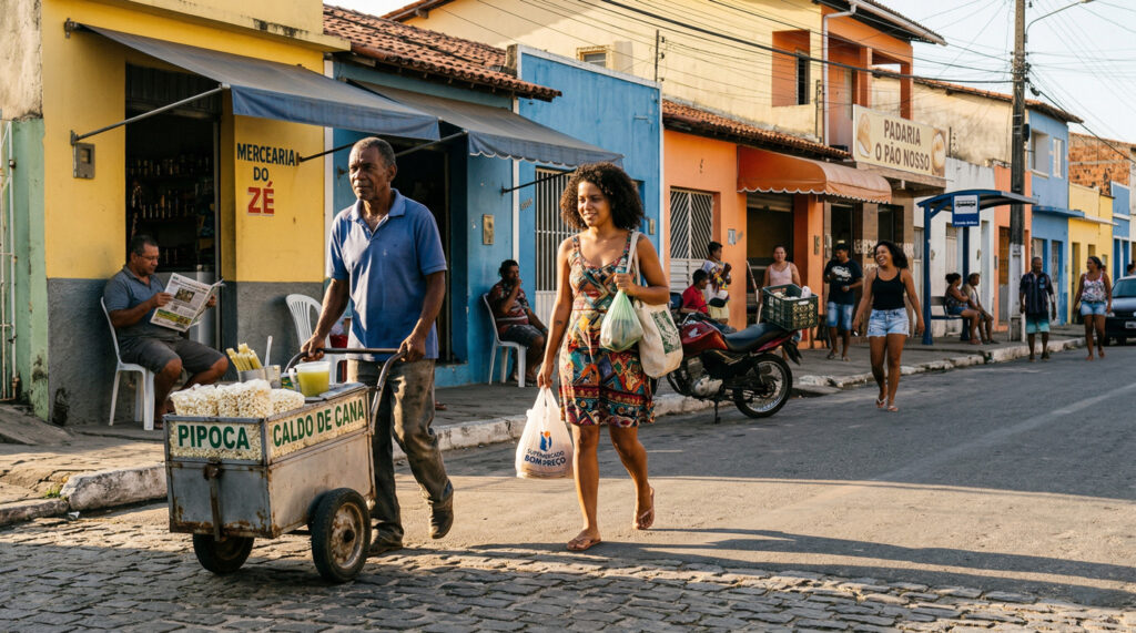 Cena de rua em cidade brasileira com moradores caminhando, comércio local e vendedor ambulante em atividade