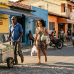 Cena de rua em cidade brasileira com moradores caminhando, comércio local e vendedor ambulante em atividade