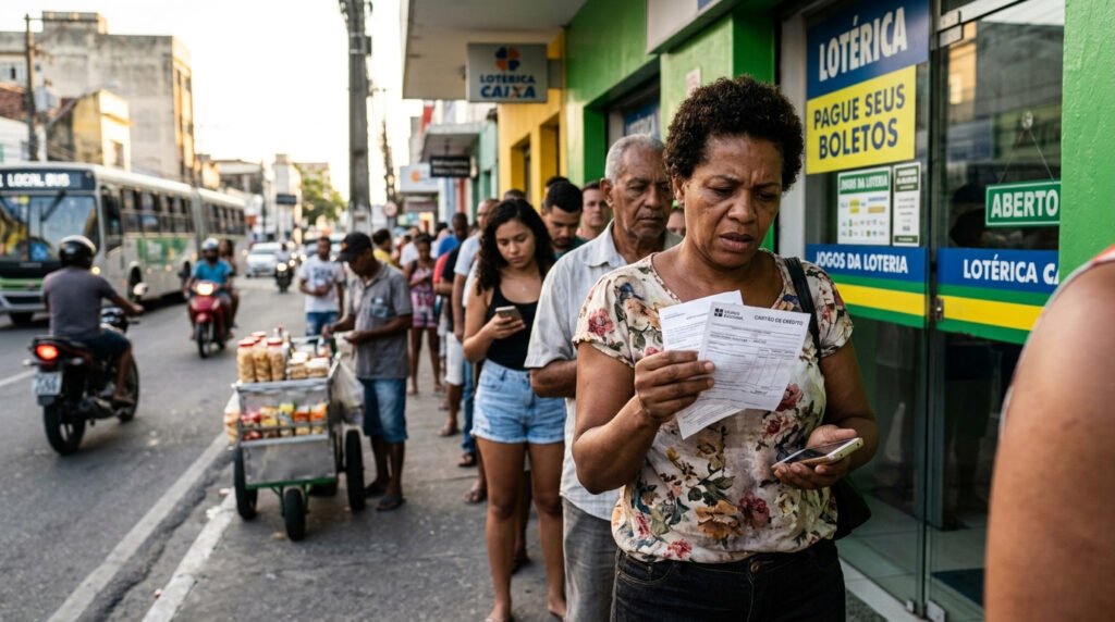 Casal analisando conta em rua com mercado no Brasil mostrando impacto financeiro no cotidiano