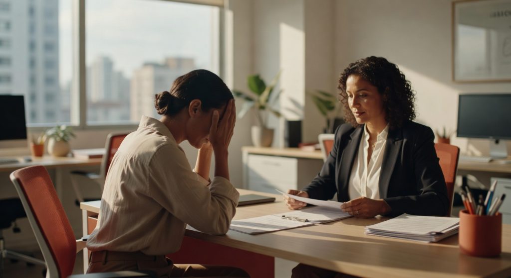 Executivo com as mãos na cabeça em posição de estresse durante reunião com gestora em escritório corporativo saúde mental