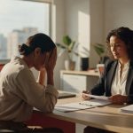 Executivo com as mãos na cabeça em posição de estresse durante reunião com gestora em escritório corporativo saúde mental