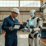Engenheiro com tablet trabalha ao lado de robô humanoide em linha de produção industrial automatização indústria