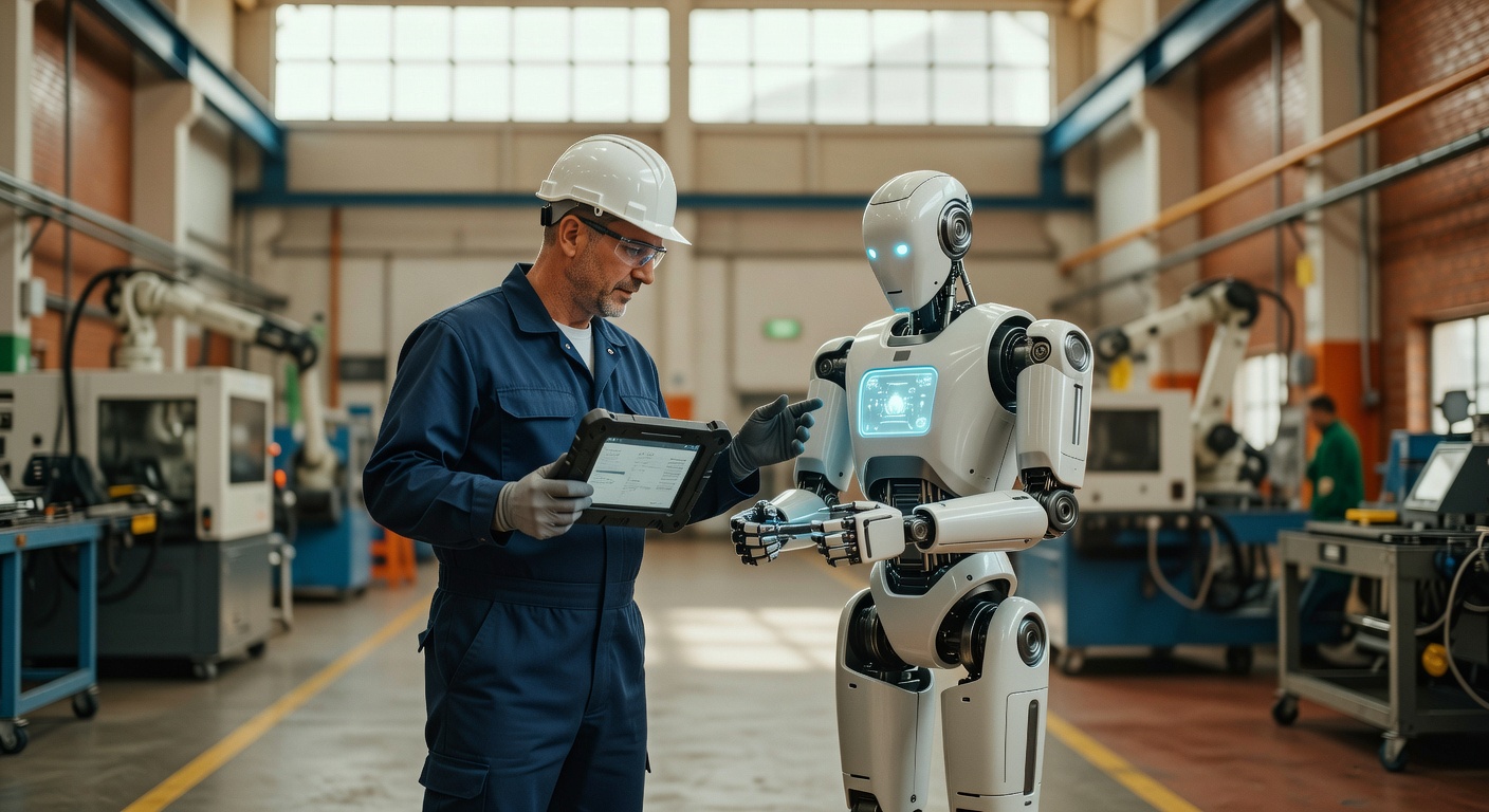 Engenheiro com tablet trabalha ao lado de robô humanoide em linha de produção industrial automatização indústria