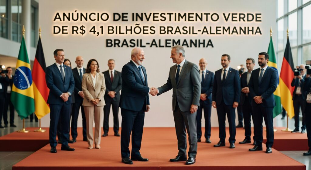 Autoridades brasileiras e alemãs se cumprimentam em cerimônia oficial com bandeiras dos países ao fundo, investimento verde