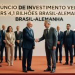 Autoridades brasileiras e alemãs se cumprimentam em cerimônia oficial com bandeiras dos países ao fundo, investimento verde