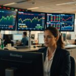 Profissional em sala de operações observa monitores com gráficos do Ibovespa mostrando variação de -0,02% e indicadores financeiros