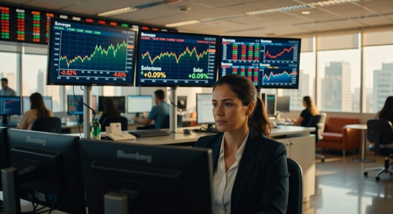 Profissional em sala de operações observa monitores com gráficos do Ibovespa mostrando variação de -0,02% e indicadores financeiros