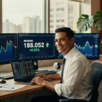 Profissional sorridente monitora gráficos do Ibovespa em múltiplas telas, mostrando índice a 188.052 pontos com alta de 0,05%