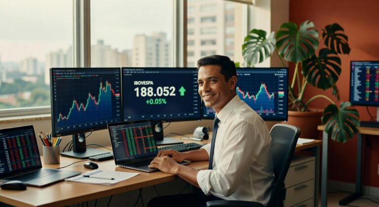 Profissional sorridente monitora gráficos do Ibovespa em múltiplas telas, mostrando índice a 188.052 pontos com alta de 0,05%