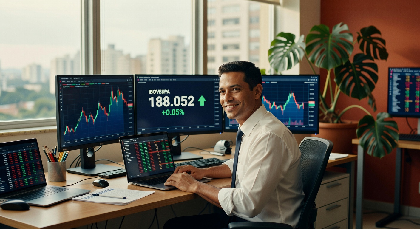 Profissional sorridente monitora gráficos do Ibovespa em múltiplas telas, mostrando índice a 188.052 pontos com alta de 0,05%