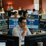 Trader de óculos analisa múltiplos monitores com cotações do Ibovespa (+1.2%) e USD/BRL (5.15) em ambiente de trading