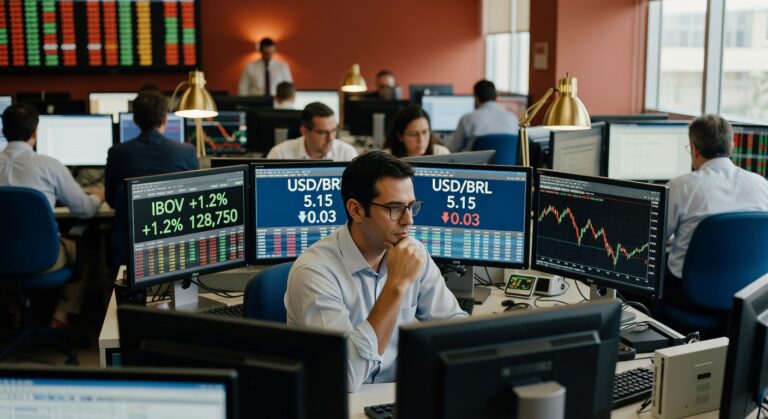 Trader de óculos analisa múltiplos monitores com cotações do Ibovespa (+1.2%) e USD/BRL (5.15) em ambiente de trading