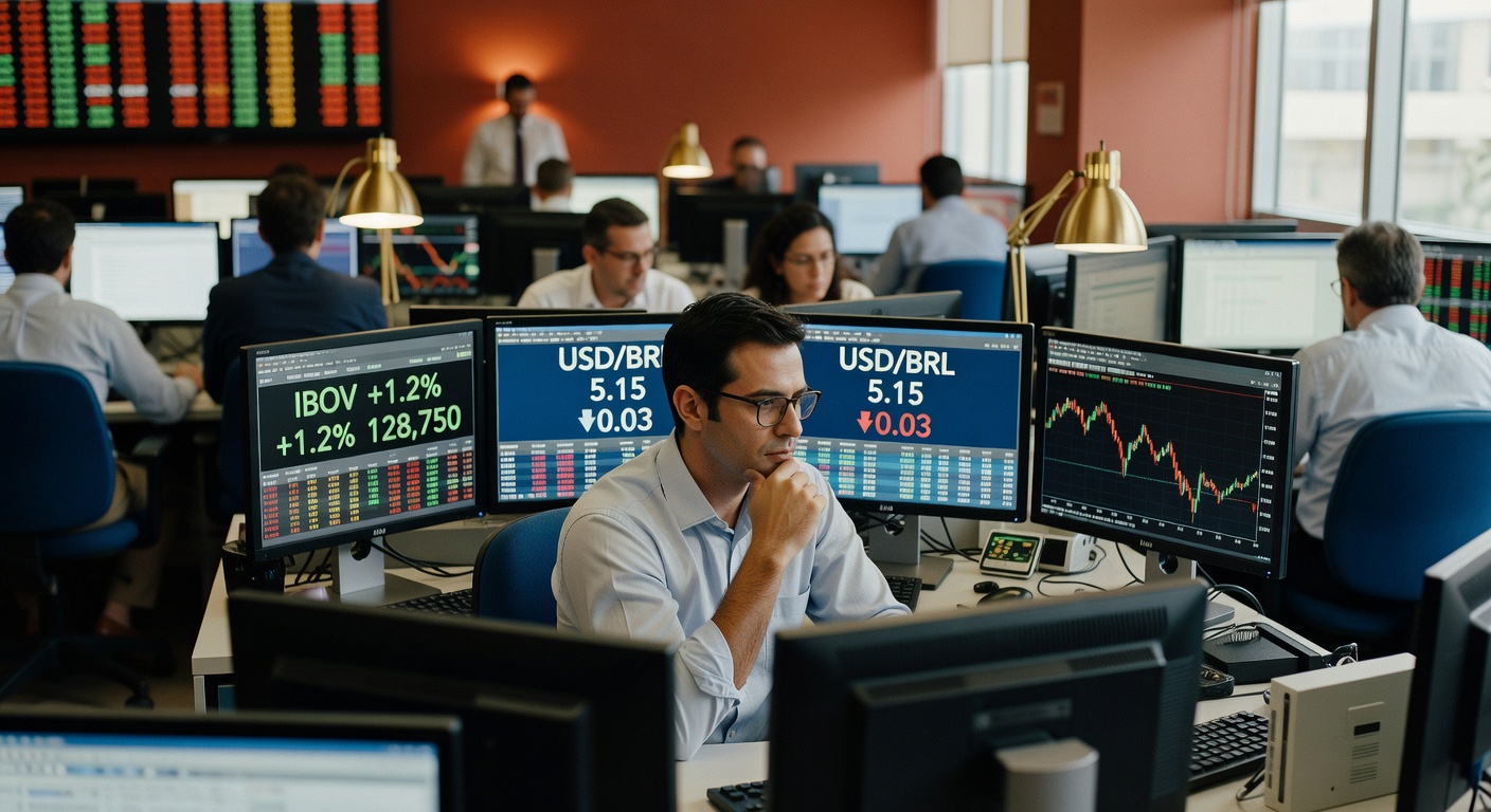 Trader de óculos analisa múltiplos monitores com cotações do Ibovespa (+1.2%) e USD/BRL (5.15) em ambiente de trading