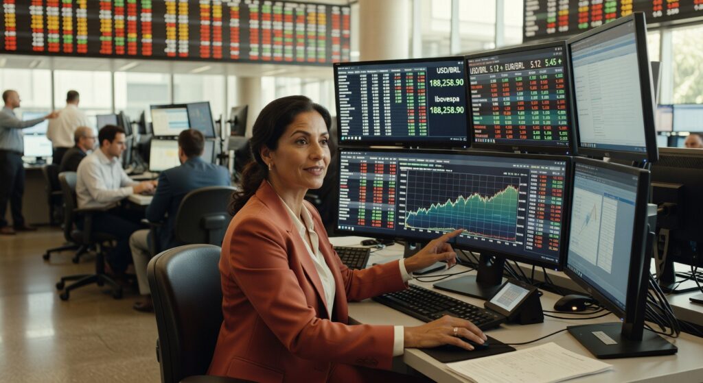Mulher operando sistema financeiro com gráficos do Ibovespa e cotação USD/BRL em monitores, mesa de operações bolsa valores