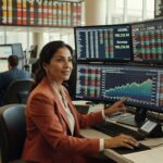 Mulher operando sistema financeiro com gráficos do Ibovespa e cotação USD/BRL em monitores, mesa de operações bolsa valores