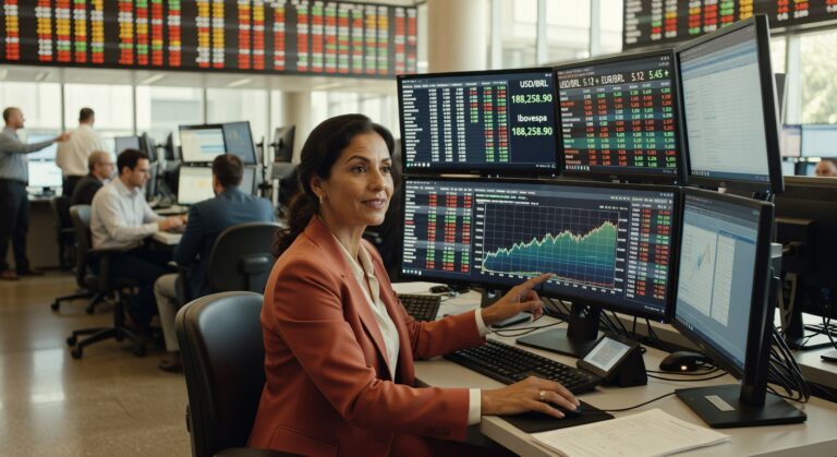 Mulher operando sistema financeiro com gráficos do Ibovespa e cotação USD/BRL em monitores, mesa de operações bolsa valores
