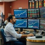 Profissional de mercado financeiro observa múltiplos monitores com gráficos de ações e cotações em sala de operações